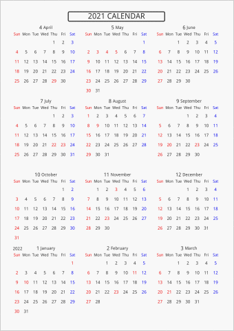 21年 年間カレンダー 標準 枠なし パソコンカレンダーサイト