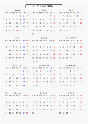 2021年 年間カレンダー 標準 枠なし 4月始まり 月曜始まり 曜日(英語)