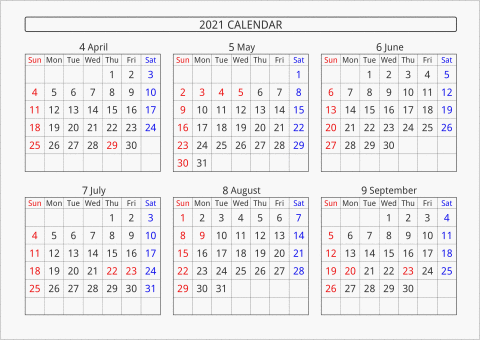 2021年 6ヶ月カレンダー 横向き 4月始まり 曜日(英語)