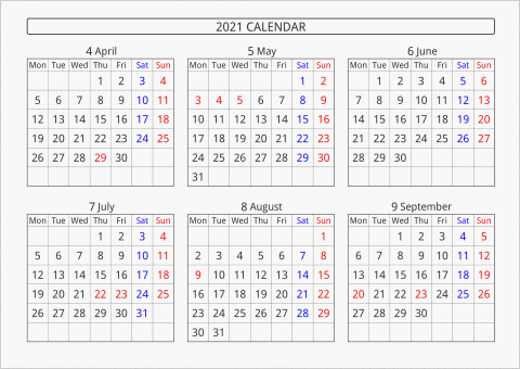 2021年 6ヶ月カレンダー 横向き 4月始まり 月曜始まり 曜日(英語)