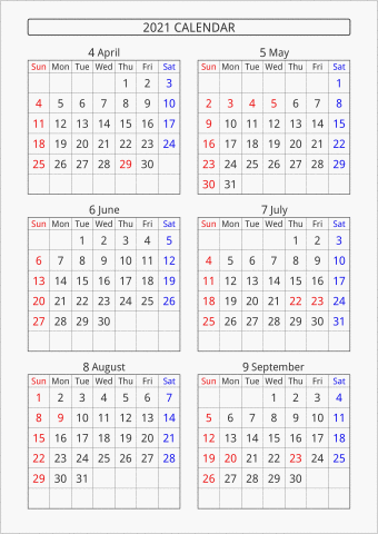 2021年 6ヶ月カレンダー 縦向き 4月始まり 曜日(英語)