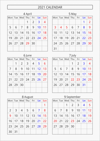 2021年 6ヶ月カレンダー 縦向き 4月始まり 月曜始まり 曜日(英語)