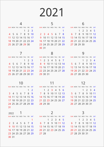 2021年 年間カレンダー シンプル 縦向き 4月始まり 曜日(英語)