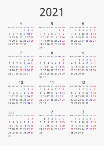 2021年 年間カレンダー シンプル 縦向き 4月始まり 月曜始まり 曜日(英語)