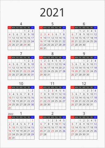 2021年 年間カレンダー フォーマル 縦向き 4月始まり 曜日(英語)
