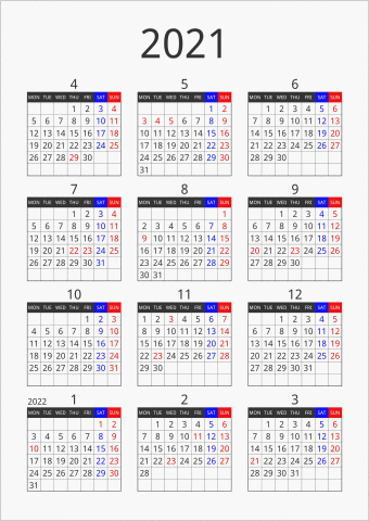 2021年 年間カレンダー フォーマル 縦向き 4月始まり 月曜始まり 曜日(英語)