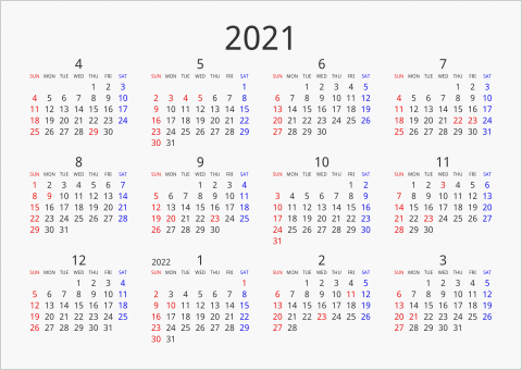 2021年 年間カレンダー シンプル 横向き 4月始まり 曜日(英語)