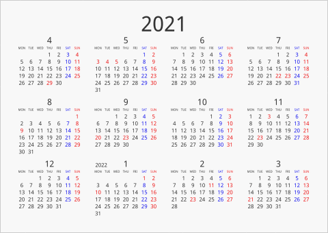 2021年 年間カレンダー シンプル 横向き 4月始まり 月曜始まり 曜日(英語)