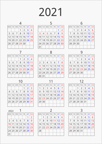 2021年 年間カレンダー シンプル 枠あり 縦向き 4月始まり 月曜始まり 曜日(英語)