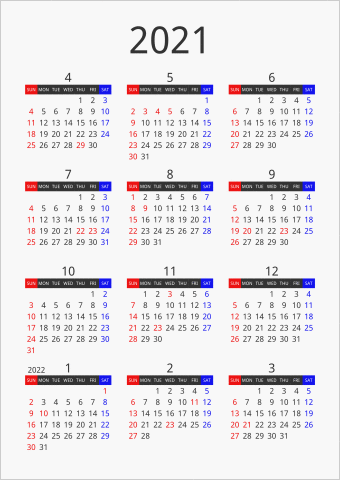 2021年 年間カレンダー フォーマル 枠なし 縦向き 4月始まり 曜日(英語)