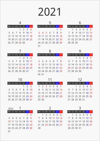 2021年 年間カレンダー フォーマル 枠なし 縦向き 4月始まり 月曜始まり 曜日(英語)