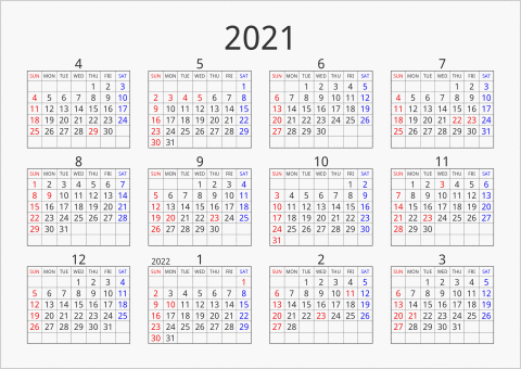 2021年 年間カレンダー シンプル 枠あり 横向き 4月始まり 曜日(英語)