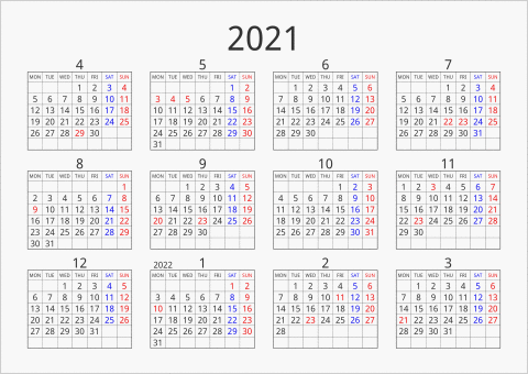 2021年 年間カレンダー シンプル 枠あり 横向き 4月始まり 月曜始まり 曜日(英語)