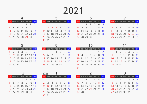 2021年 年間カレンダー フォーマル 枠なし 横向き 4月始まり 曜日(英語)