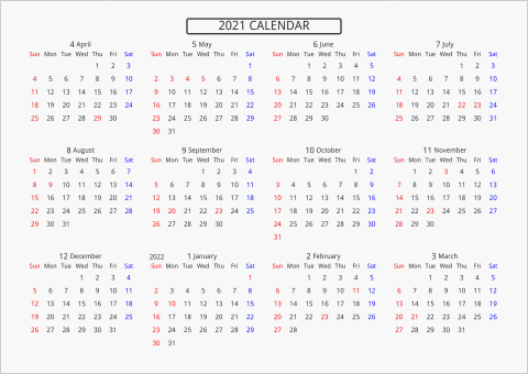 2021年 年間カレンダー 標準 枠なし 横向き 4月始まり 曜日(英語)