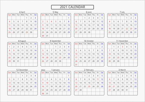2021年 年間カレンダー 標準 角丸枠 横向き 4月始まり 曜日(英語)