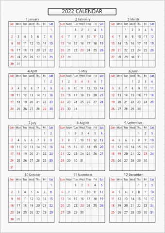2022年 年間カレンダー 標準 枠あり 曜日(英語)