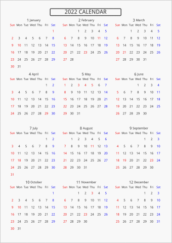 2022年 年間カレンダー 標準 枠なし 曜日(英語)