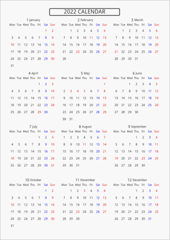 2022年 年間カレンダー 標準 枠なし 月曜始まり 曜日(英語)