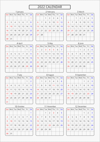 2022年 年間カレンダー 標準 角丸枠 曜日(英語)