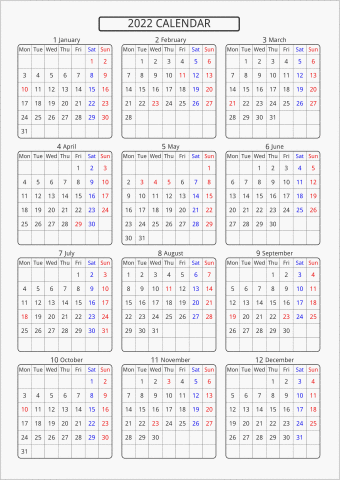 22年 年間カレンダー 標準 角丸枠 パソコンカレンダーサイト