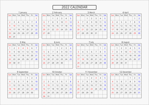 2022年 年間カレンダー 標準 横向き 曜日(英語)