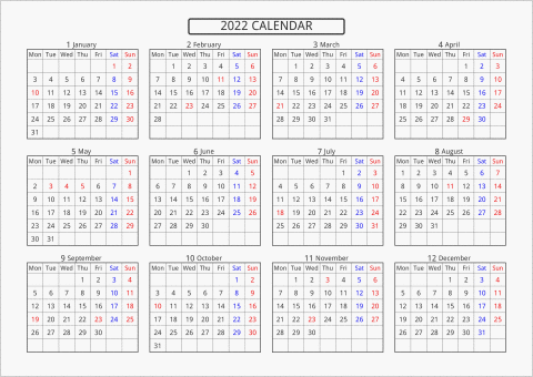 2022年 年間カレンダー 標準 横向き 月曜始まり 曜日(英語)