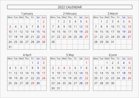 2022年 6ヶ月カレンダー 横向き 月曜始まり 曜日(英語)