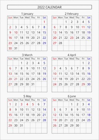 2022年 6ヶ月カレンダー 縦向き 曜日(英語)