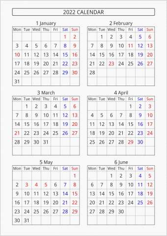 2022年 6ヶ月カレンダー 縦向き 月曜始まり 曜日(英語)