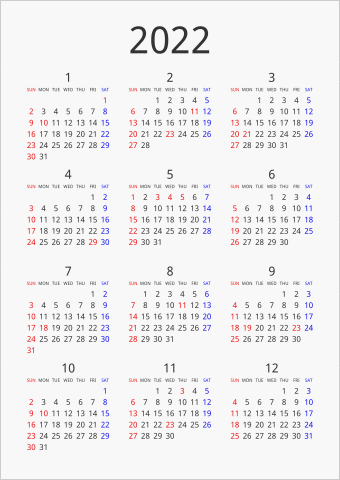 2022年 年間カレンダー シンプル 縦向き 曜日(英語)