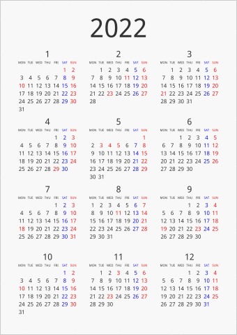 2022年 年間カレンダー シンプル 縦向き 月曜始まり 曜日(英語)