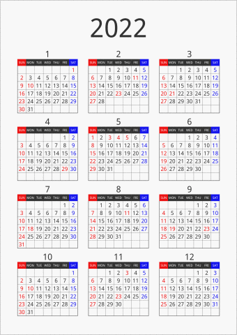 2022年 年間カレンダー フォーマル 縦向き 曜日(英語)