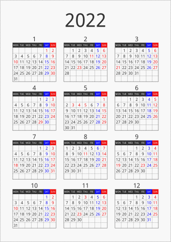 2022年 年間カレンダー フォーマル 縦向き 月曜始まり 曜日(英語)