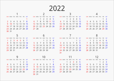 2022年 年間カレンダー シンプル 横向き 曜日(英語)