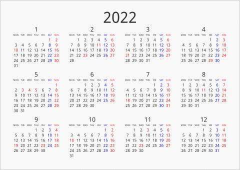 2022年 年間カレンダー シンプル 横向き 月曜始まり 曜日(英語)
