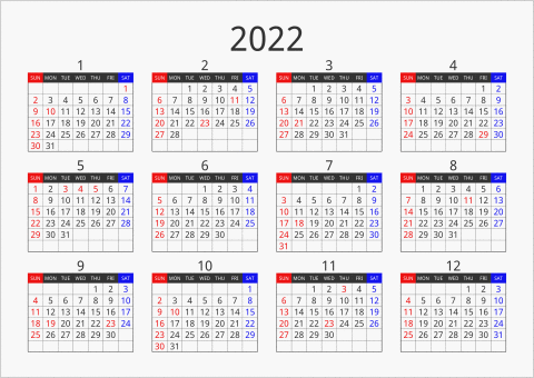 2022年 年間カレンダー フォーマル 横向き 曜日(英語)