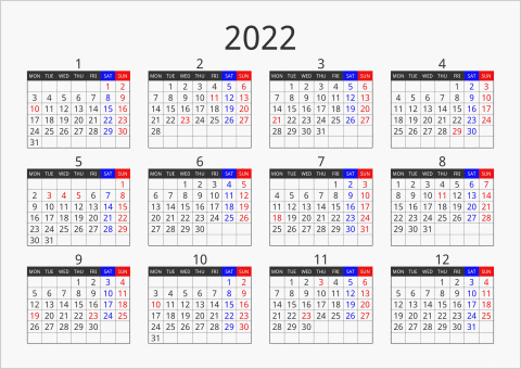 2022年 年間カレンダー フォーマル 横向き 月曜始まり 曜日(英語)