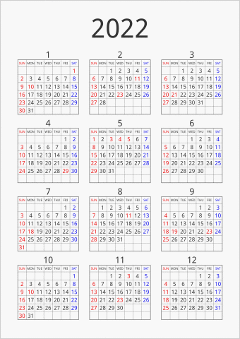 2022年 年間カレンダー シンプル 枠あり 縦向き 曜日(英語)