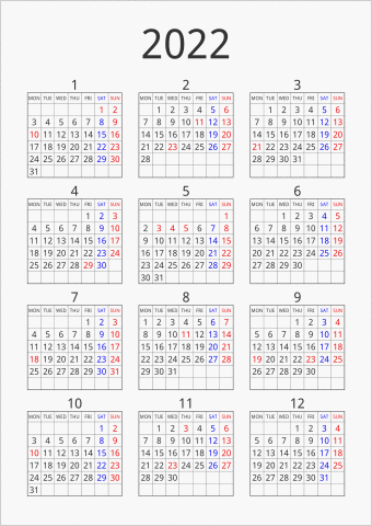 2022年 年間カレンダー シンプル 枠あり 縦向き 月曜始まり 曜日(英語)