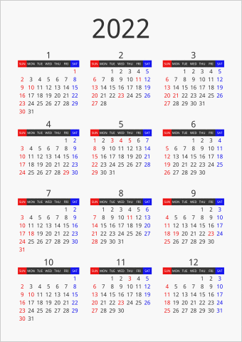 2022年 年間カレンダー フォーマル 枠なし 縦向き 曜日(英語)