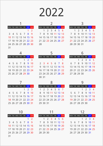 2022年 年間カレンダー フォーマル 枠なし 縦向き 月曜始まり 曜日(英語)