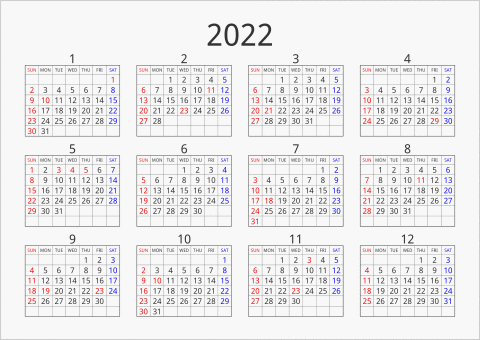 2022年 年間カレンダー シンプル 枠あり 横向き 曜日(英語)