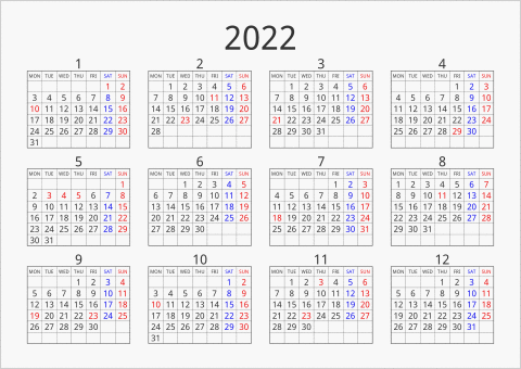 2022年 年間カレンダー シンプル 枠あり 横向き 月曜始まり 曜日(英語)