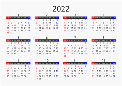 2022年 年間カレンダー フォーマル 枠なし 横向き 曜日(英語)