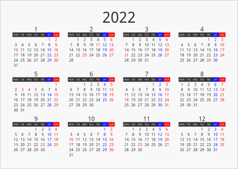 2022年 年間カレンダー フォーマル 枠なし 横向き 月曜始まり 曜日(英語)