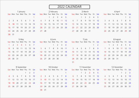 2022年 年間カレンダー 標準 枠なし 横向き 曜日(英語)