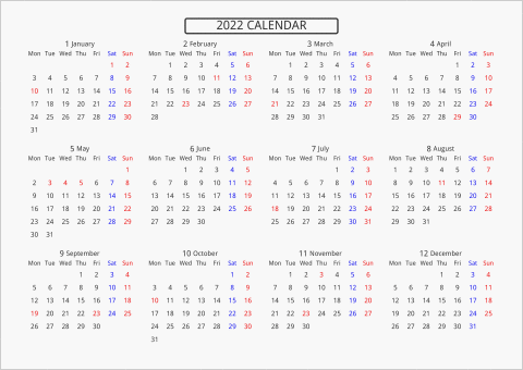 2022年 年間カレンダー 標準 枠なし 横向き 月曜始まり 曜日(英語)