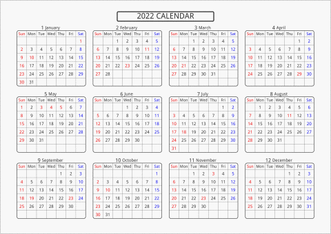 2022年 年間カレンダー 標準 角丸枠 横向き 曜日(英語)