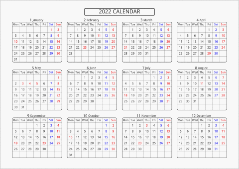 2022年 年間カレンダー 標準 角丸枠 横向き 月曜始まり 曜日(英語)
